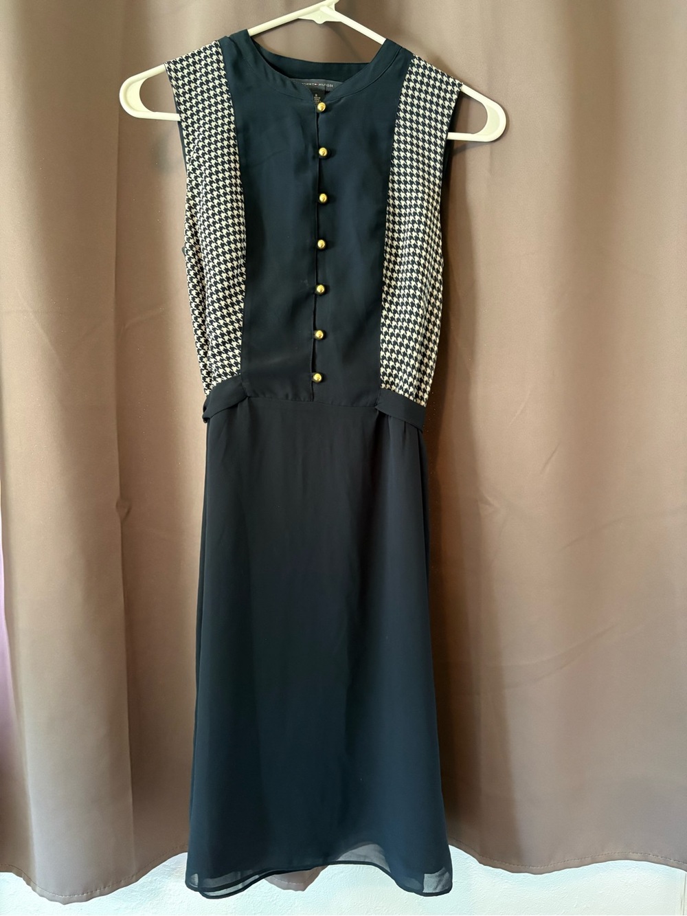 Tommy Hilfiger Navy Sleeveless Midi Dress with Houndstooth Panels